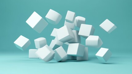 Abstract 3D Rendering of Falling White Cubes on a Turquoise Background