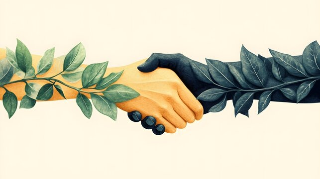 A symbolic handshake in soft caramel and dark sage green, emphasizing sustainability and partnership, no background