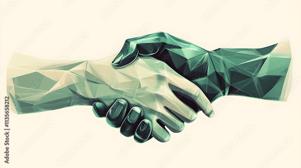 Poster A futuristic handshake design in pale khaki and deep forest green, floating in a clean and modern style, no background