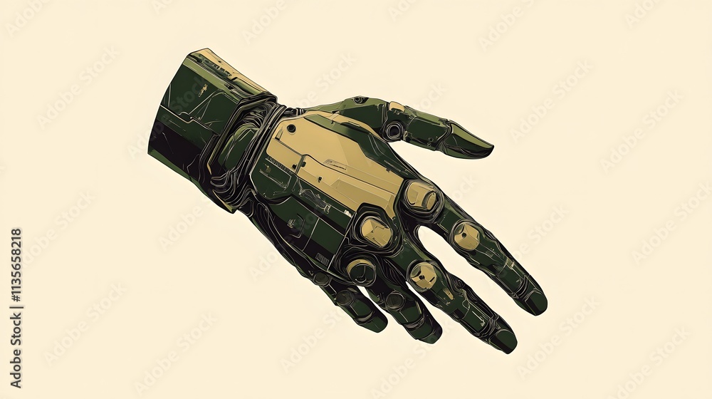 Poster A futuristic handshake design in pale khaki and deep forest green, floating in a clean and modern style, no background