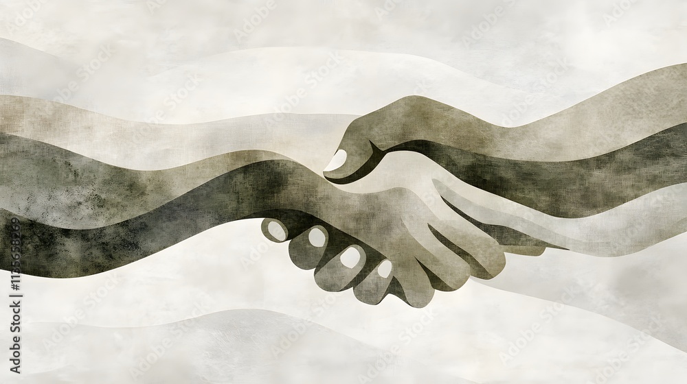 Poster A graphic handshake in earthy taupe and soft sage tones, reflecting simplicity and balance, no background