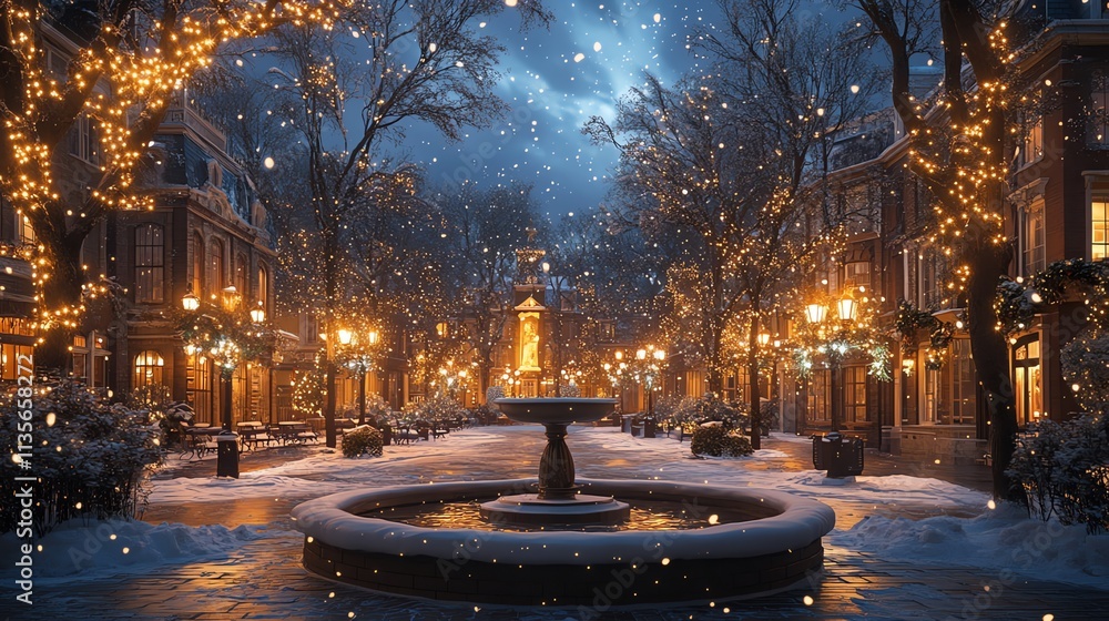 Poster a serene winter scene with a fountain surrounded by snow-covered trees and festive lights.