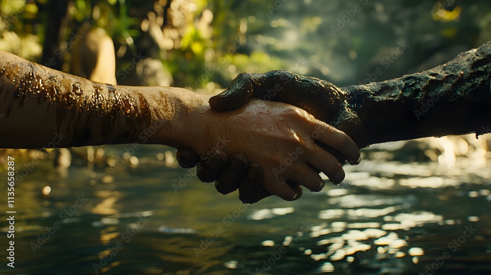Poster a stylized handshake in smooth camel and forest tones, designed for clarity and warmth, no shadow