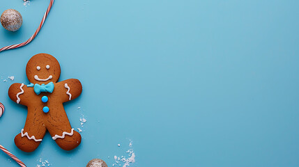 Naklejka premium Smiling Gingerbread Man Cookie on Minimal Blue Background