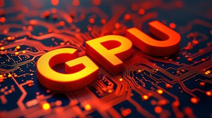 Glowing Orange GPU Text on a Circuit Board, Close-Up, High-Detail, Red Lighting