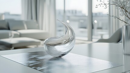 A minimalist dining table with a metallic table runner and a frosted glass vase shaped like a spiral, in a bright white-walled room