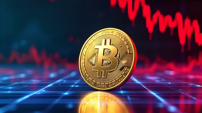 Golden Bitcoin on a Futuristic Grid Against a Red and Blue Stock Market Decline Background - Powered by Adobe