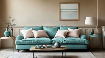 Teal sofa in living room with beige walls, coffee table, side tables, lamps, and cushions.