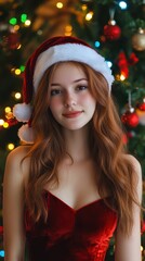 Portrait of a Caucasian woman with long auburn hair, wearing a red velvet Santa dress and hat, standing in front of two Christmas trees decorated with multicolored lights and ornaments, soft lightin