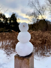 Miniature snowman on a fence post at dusk