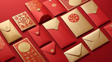 Red and Gold Envelopes Displayed on Red Background