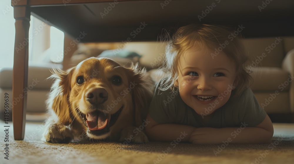 Poster A child crawling on the floor to follow a therapy dog under a table, their giggles adding a sense of fun. 4k resolution, Cinematic Scene