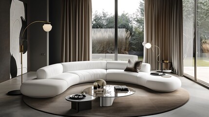 Sophisticated living area featuring a white curved sectional, a glass coffee table, and a statement sculptural floor lamp. interior design concept 