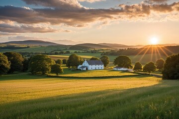 Lush Highland Landscape Beauty: Expansive Farmstead Under Serene Summer Sunshine