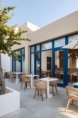 The entire building façade is designed with brilliant light and natural light, incorporating Mediterranean and Santorini styles, and using a touch of blue, sand, and white for the coffee and restauran