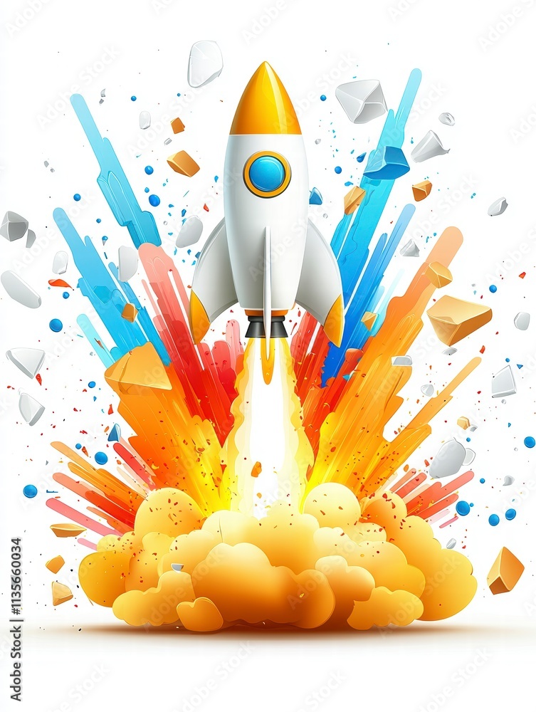 Poster rocket launch with colorful explosion.