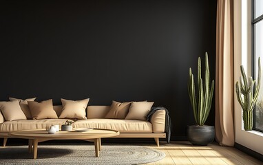 Beige sofa, wooden coffee table, cactus, dark wall, sunlight, rug, modern living room interior.