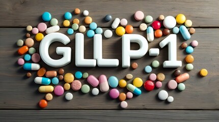 GLP-1 Medication: Colorful Pills Arranged Around the Acronym on a Rustic Wooden Surface