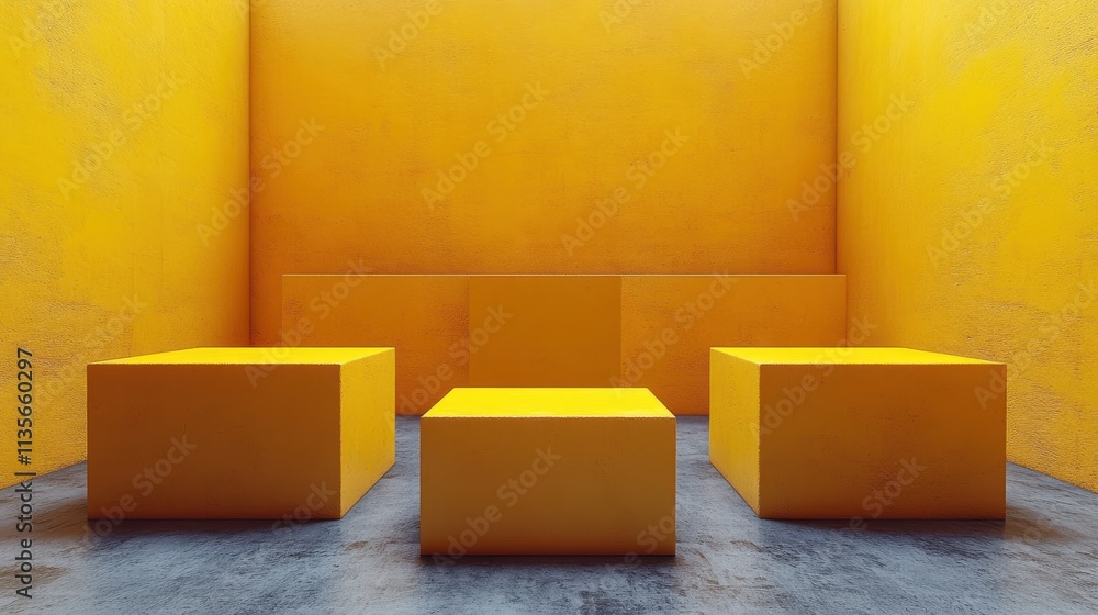 Poster abstract 3d render geometric composition yellow background design with cube