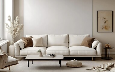 Fototapeta premium Minimalist living room with white sofa, neutral decor, and empty wall.