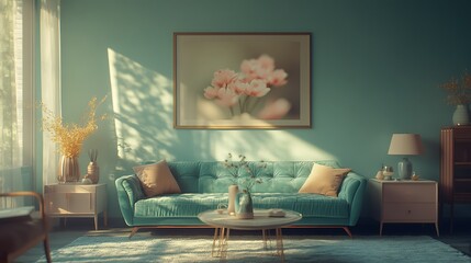 Sunlit teal living room with sofa, flowers, and side tables.