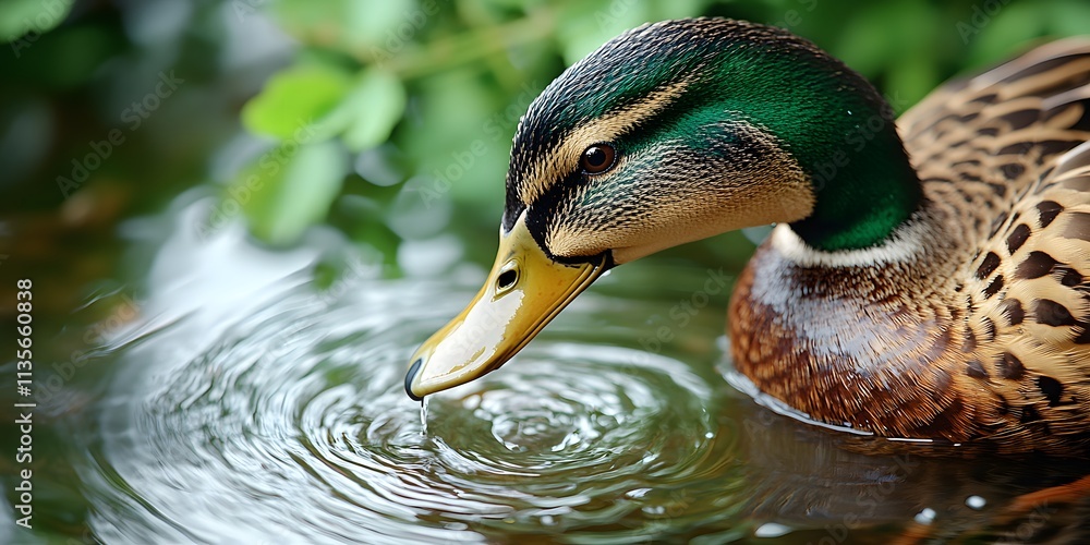 Poster a close-up of a duck in water, creating ripples around it.