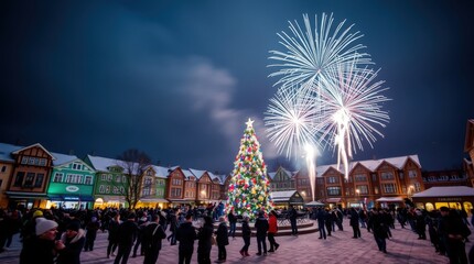 Obraz premium Three joyful children in winter coats play in the snow, holding a sparkling sparkler, with a glowing Christmas tree and festive lights in the background