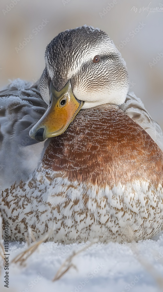 Poster a close-up of a duck resting on snow, showcasing its colorful plumage and serene expression.