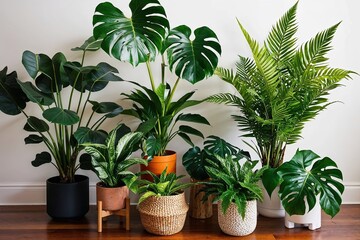 Obraz premium Vibrant Tropical Indoor Plant Collection with Monstera, Palm, and Fern Foliage