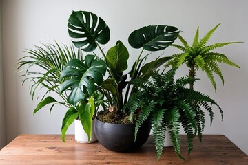 Vibrant Jungle Foliage Cluster with Monstera, Palm, Rubber Tree, Spruce, and Fern