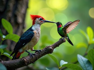 Red-Headed Woodpecker & Hummingbird, Forest Symbiosis, Vibrant Wildlife