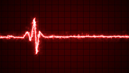 Fire neon ECG pulse rate line. EKG pulse Wave, cardiogram and rhythm. Abstract heartbeat signal icon grid background. Health and Medical concept