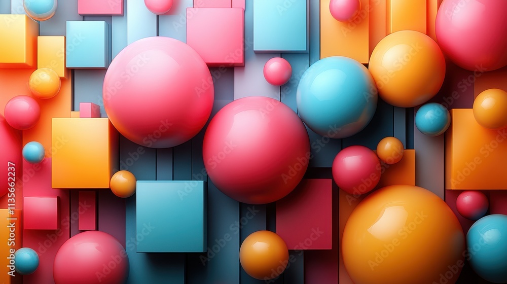 Poster abstract 3d render of colorful bubbles and cubes background desig