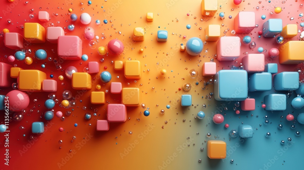 Poster abstract 3d render of colorful bubbles and cubes background desig