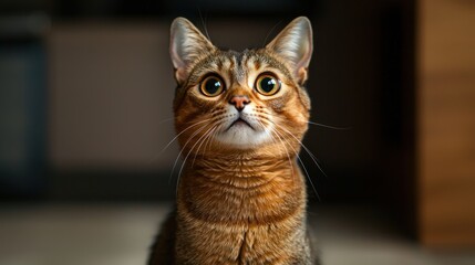 a cat sitting on the floor, looking up with wide, curious eyes.