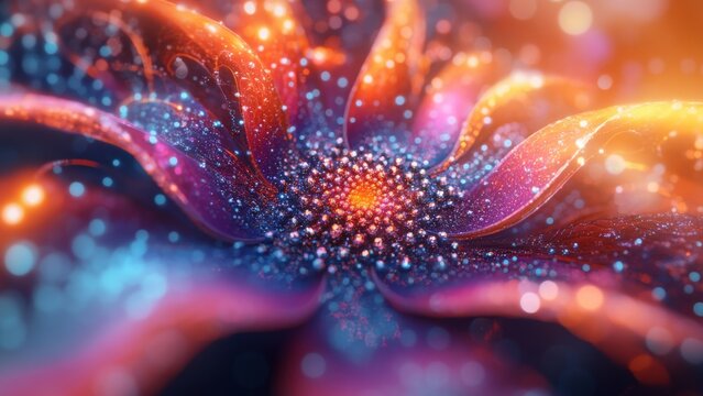 Vibrant cosmic flower with glowing petals and sparkle effects