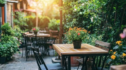 A charming restaurant patio with outdoor seating and a garden view.