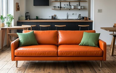 Orange leather sofa in modern minimalist apartment living room with kitchen background.