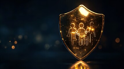 A golden shield stands on a dark surface, bathed in warm light. The shield symbolizes protection and security.