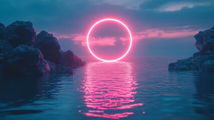 Vibrant pink glow reflected on calm water at sunset