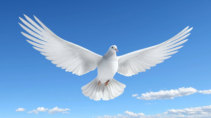 Obraz premium White dove flying against blue sky with white clouds, symbolizing peace, hope, and freedom. 