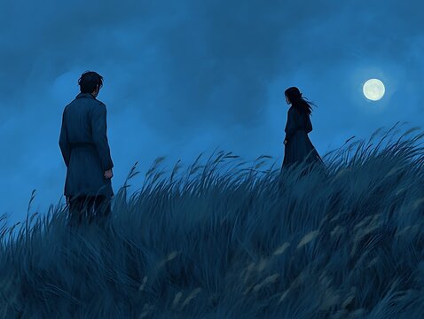 A Man and Woman Stand Apart in Tall Grass Under a Night Sky