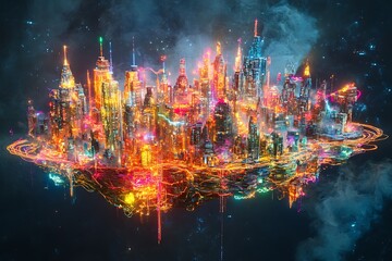 Fototapeta premium Fireworks and lights exploding across a cosmic night sky filled with stars, nebulae, and a vibrant galaxy, celebrating the universe and the holiday spirit