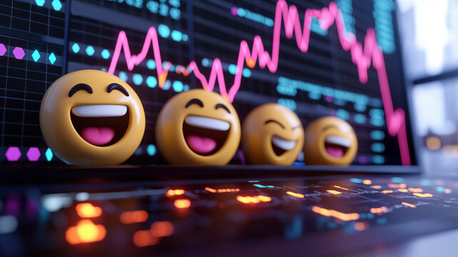Playful 3D illustration of a stock market chart with animated emoji faces, representing the excitement of meme stocks, set against a white background. 
