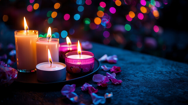 A solemn candlelight vigil commemorates lost lives with warm lights and heartfelt tributes against a shadowy backdrop. 
