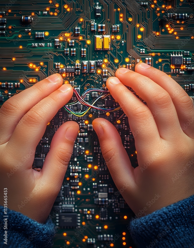 Poster a child's hands interact with a circuit board, symbolizing curiosity and technology.