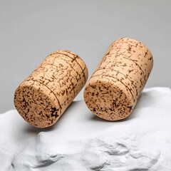 A rustic cork with an embossed emblem showcased against a clean white backdrop, ideal for beverage and barware aesthetics. 
