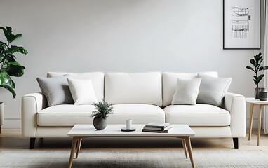 Minimalist living room with white sofa, coffee table, plants, and cushions.