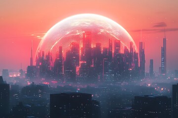 Cityscape silhouette at dusk with vibrant city lights against a fiery sunset sky