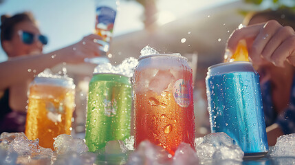 Refreshing drinks in colorful cans with ice and bubbles